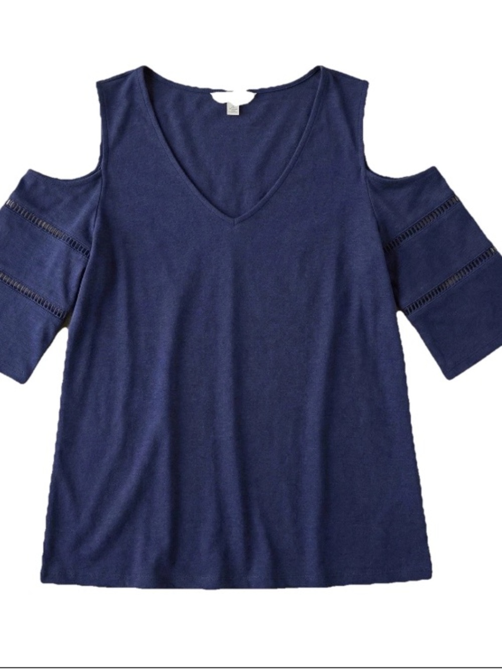 Westport Navy Cold-Shoulder V-Neck Knit Top with Open Stitch Sleeves